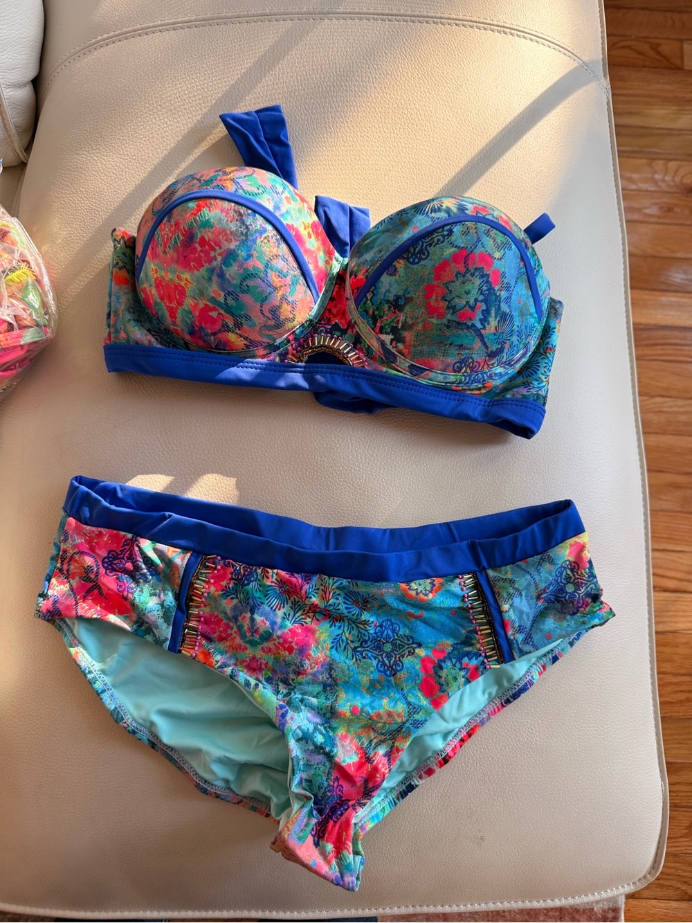 Blue Floral Print Padded Bikini Set with Supportive Top